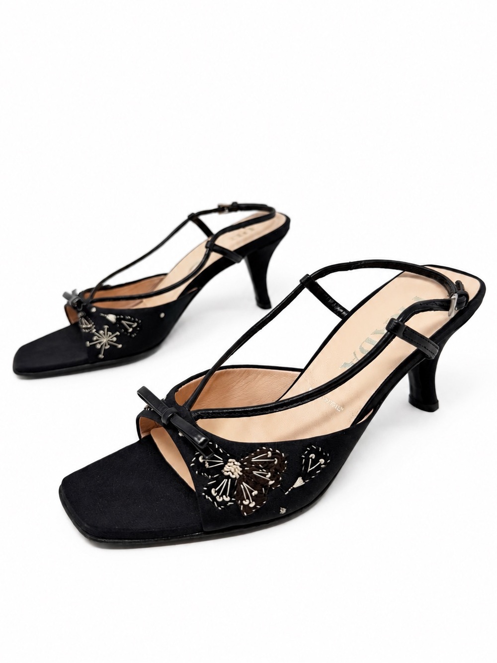 Prada Slingback Heels Black Butterfly Embroidered Womens Size 35.5